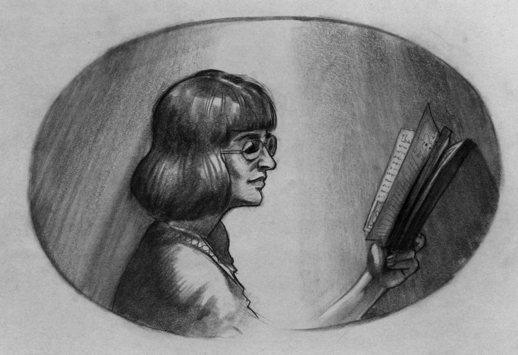 a mousey-looking girl...reading a book. (Copyright 2005 Cutter Hays)